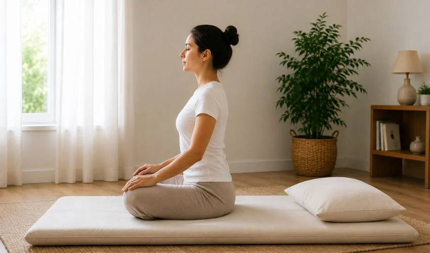 Person maintaining proper posture while sitting on floor mattress