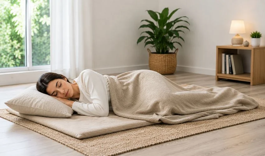 Person sleeping comfortably on floor mattress in modern room