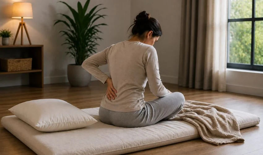 Person sitting on floor mattress with back discomfort