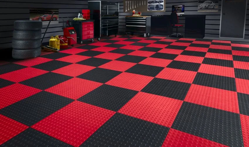 Garage floor tiles installed in modern garage