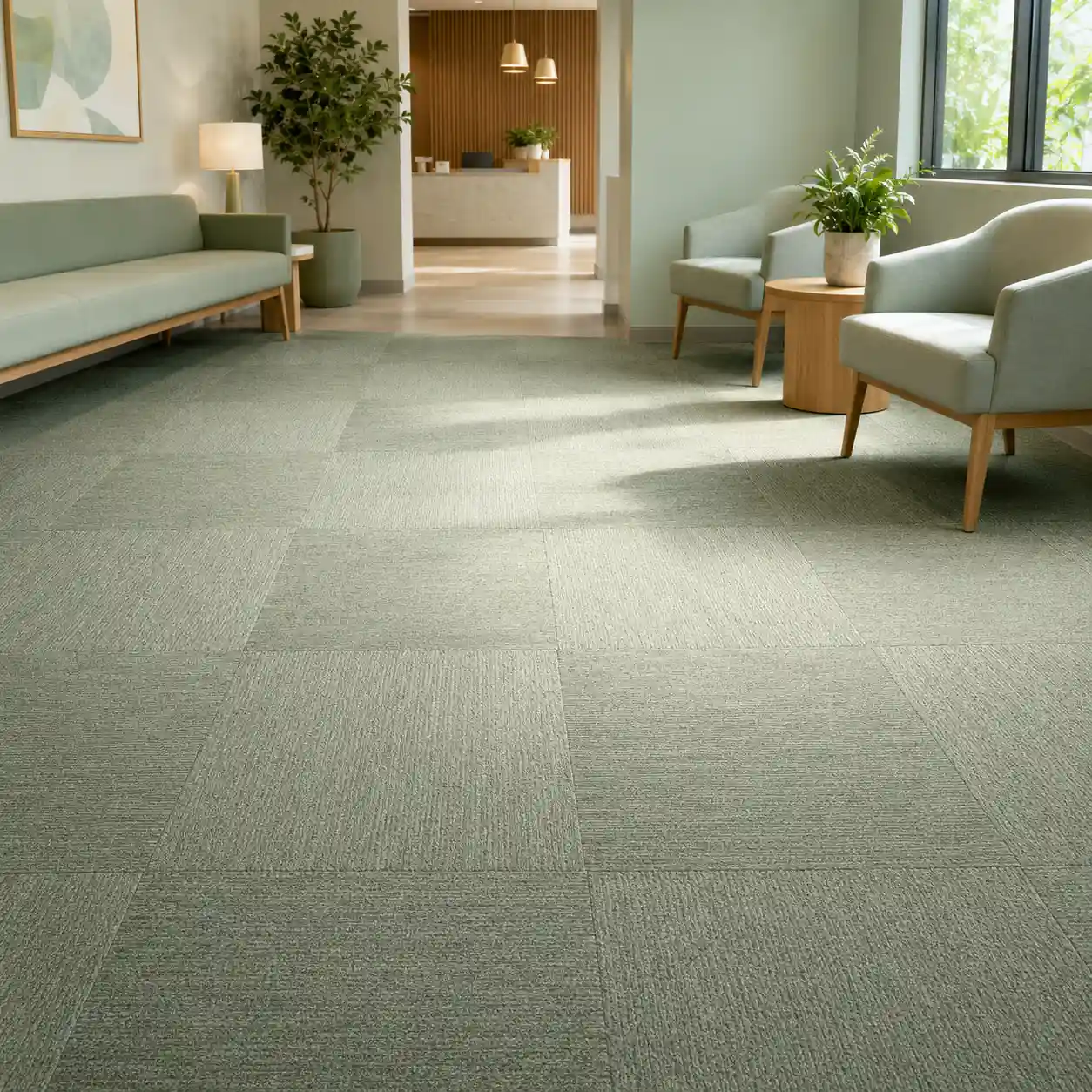 Durable carpet tiles covering a bright school library floor