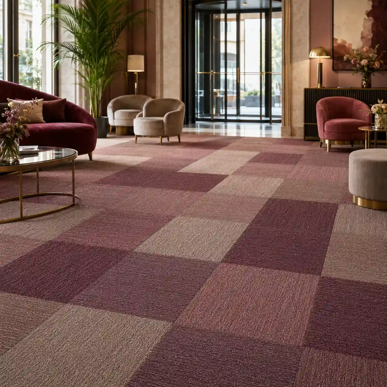 Premium carpet tile flooring installed in a luxury hotel lobby