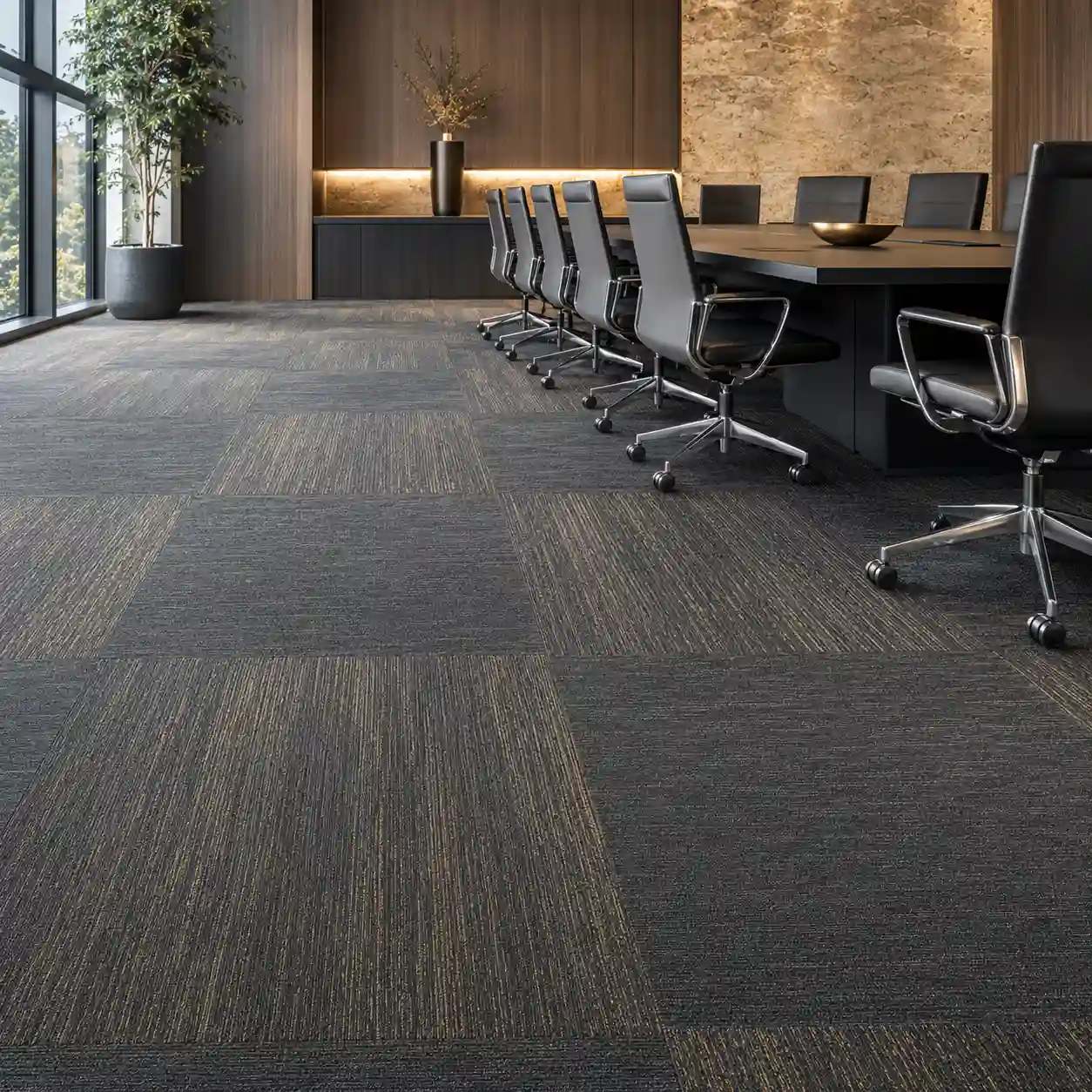 Stylish modular carpet tiles installed in a coworking office