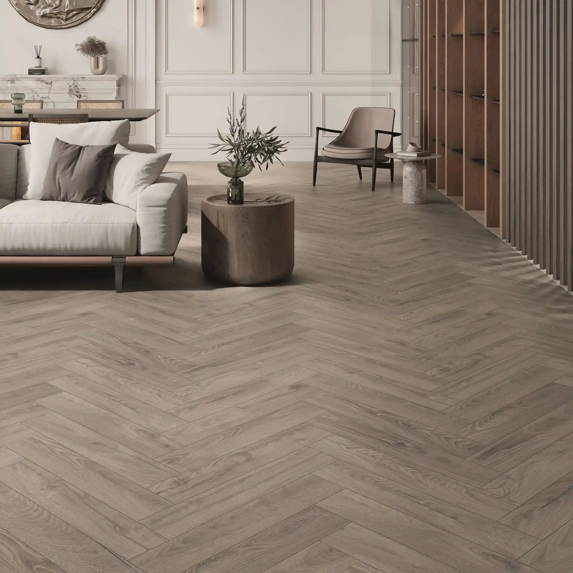 Plumley Taupe Oak Herringbone 8mm Laminate Flooring
